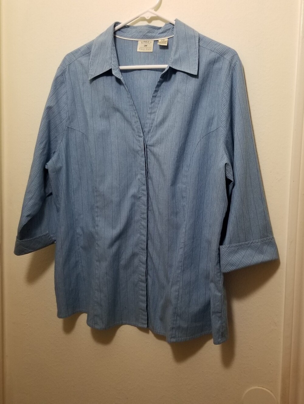Riders by Lee XXL Light Blue Button-Down Blouse With White & Purple Pinstripes